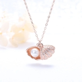 Sea Shell Pearl Pendant With Chain Studded With Cubic Zircona American Diamonds - Rose Gold