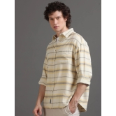 Premium Men Shirt, Relaxed Fit, Yarn Dyed Stripes, Pure Cotton, Full Sleeve, Beige-L / Beige