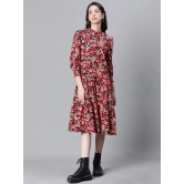 Oxolloxo Floral Printed Mandarin Collar Puff Sleeves Pure Cotton Shirt Midi Dress