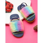 ONYC Kids Slippers - Rainbow Fur Sliders for Girls, Navy Blue