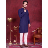 Mens Chikankari Embroidered Kurta Pyjama Set-L / Navy-Blue