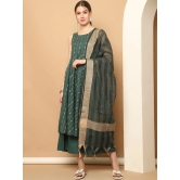 Green Woven Design Kantha Work Kurta with Palazzos & With Dupatta-XXL / Green