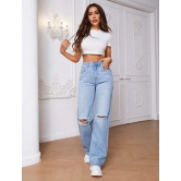 High Waist Knee Cut Jeans - Ice Blue-34