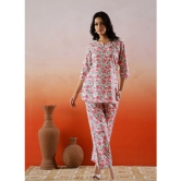 White and pink floral printed cotton Loungewear set-XXL