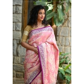 Lotus Pink and Plum Tussar Georgette Silk Saree | SILK MARK CERTIFIED | Shobitam Saree