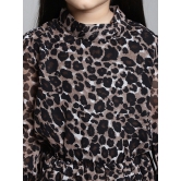 MINI & MING Girls Animal Print Mock Neck Bell Sleeves Georgette Fit & Flare Midi Dress