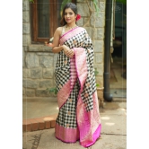 Pure Katan Silk Banarasi Saree in Black and White Checks with Contrasting Pink Borders  | SILK MARK CERTIFIED