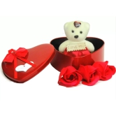 Teddy and Roses(3 Pieces Roses 1 Small Bear Doll)/ Heart Shaped Gift Tin Box containing Teddy and Roses with Love Message/Heart Shape Tin Box ( Red / Pink )