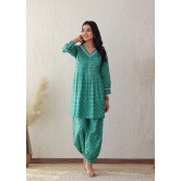Plus Size Green Floral Co-ord Set: Puff Sleeves, Afgani Pant-6xl