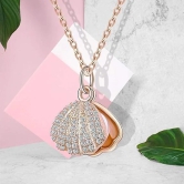 Sea Shell Pearl Pendant With Chain Studded With Cubic Zircona American Diamonds - Rose Gold