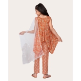 Designer Cotton Print Work Kid Top Bottom With Dupatta Orange-Yellow / 5 - 6 Years