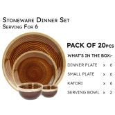 Handcrafted Stoneware Reactive Glaze Ceramic Dinner Set, 20 Pieces Serving for 6, Microwave and Dishwasher Safe, Bone-ash Free, Crockery Set for Dining and Gifting, Peanut Brown