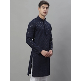 Mens Navy Blue Chikankari Embroidered and Sequence Kurtas-L / Navy-Blue