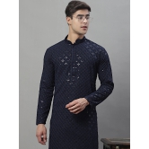 Mens Navy Blue Chikankari Embroidered and Sequence Kurtas-L / Navy-Blue