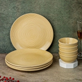 Handcrafted Stoneware Reactive Glaze Ceramic Dinner Set, 8 Pieces Serving for 4, Microwave and Dishwasher Safe, Bone-ash Free, Crockery Set for Dining and Gifting, Yellow Ten