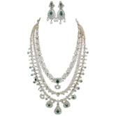 American Diamond And Emerald Three Layer Necklace Set In Gold