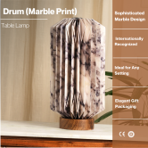 Drum Marble Print Table Lamp - Marble Print Desk Lamp, Origami Bedside Lamp with Mango Wood Base