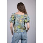 Women's Olive Green Floral Print V-Neck Top (OTL-TPS1036)-Green / XS