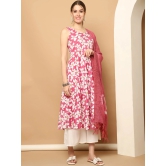 Printed pink flowers flared kurta pallazos dupatta set-XXL / Pink