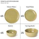 Handcrafted Chip Resistance Porcelain Dinner Set, 20 Pieces Dish Set Serving for 6, Microwave and Dishwasher Safe, Bone-ash Free, Crockery Set for Dining and Gifting, Olive Green