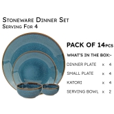 Handcrafted Stoneware Reactive Glaze Ceramic Dinner Set, 14 Pieces Serving for 4, Microwave and Dishwasher Safe, Bone-ash Free, Crockery Set for Dining and Gifting, Greenish Blue