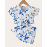 Girls White And Blue Floral Printed Top with Shorts-Blue / 5 - 6 Years