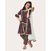 Girls Floral Print Kurta Set with Dupatta-Brown / 11 - 12 Years