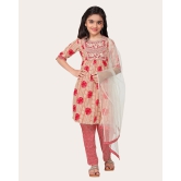 Kids Girls Embrodeary Cotton Printed Fullstiched Nayara Cut Kurtis with Bottom Dupatta set, Kid dresses-Peach / 10 - 11 Years