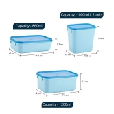 HOMETALES Plastic Multi-Purpose Food Container, 860ml X 1U, 1200ml X 1U, 1000ml X 2U, Light Blue, (4U) - Blue