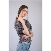 Black Floral Printed V-Neck Puff Sleeve Top (OTL-TPS1011)-Black / M