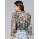 Oxolloxo Abstract Dots Print Smocked & Ruffled Detail Georgette Blouson Crop Top