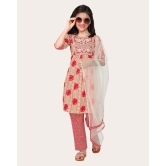 Kids Girls Embrodeary Cotton Printed Fullstiched Nayara Cut Kurtis with Bottom Dupatta set, Kid dresses-Peach / 10 - 11 Years