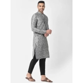 AHBABI Men''s Printed Dupion Silk Kurta Pyjama Set Silver-Black-M