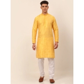 Men's Silk Blend Collar Embroidered Kurta Pyjama Set-XL / Yellow