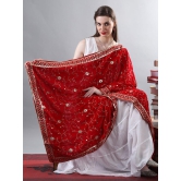 Red Zari Embroidered Bail With Sequinned Flowers and Multicolour Thread Kite On Velvet Dupatta From Amritsar