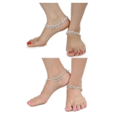 AanyaCentric Combo of 2 Pair Silver Plated White Metal Indian Traditional Ethnic Payal Anklets - Silver