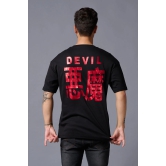 Chinese Devil in Red Foil Print Black Oversized T-Shirt for Men XXL