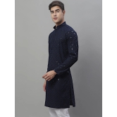 Mens Navy Blue Chikankari Embroidered and Sequence Kurtas-L / Navy-Blue