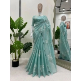 A TO Z CART Organza Embellished Saree With Blouse Piece - SkyBlue ( Pack of 1 ) - SkyBlue