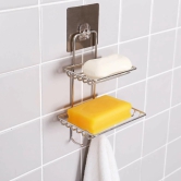 Stainless Steel Wall-Mounted 2-Layer Soap Dish with Hooks