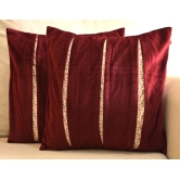 Designer Pleated Pattern Velvet & Cotton Printed Cushion Cover - Maroon, 16x16 Size