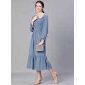 Oxolloxo Solid Smocked Puff Sleeve Tiered Cotton Fit & Flare Midi Dress