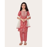 Printed Emroidered Kurta Bottom Dupatta Set for Girls-Red / 5 - 6 Years