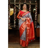 Gray Korvai Kanjivaram Pure Silk Saree with zari Stripes & wide Zari Border  | SILK MARK CERTIFIED