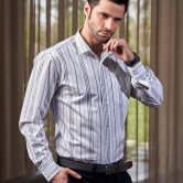 White Cotton Shirt With Vertical Gray Stripes, Semi Spread Collar-S