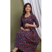 Women Floral Print Pure Cotton Anarkali Kurta  (Dark Blue)