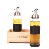 Femora Borosilicate Glass Oil Bottle, 500 ML,2pcs, in Wooden Tray for Kitchen