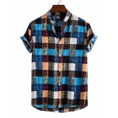 Men Stand Collar Casual Check Short Sleeve Shirt-XXL-44