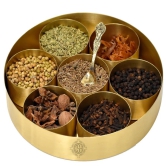 Pure Brass Spice Box (Masala Dani) Set With 1 Spoon And 7 Containers For Kitchen Floral Design. (8 Inch)