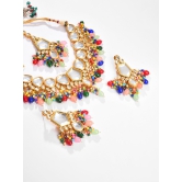 Gold Plated Kundan Beaded Necklace, Earrings and Maang Tikka Set